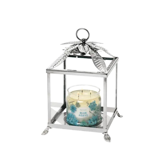 PartyLite Palm Leaf Jar Holder Candle Silver Lantern Glass Panels 11 x 7 New - Picture 4 of 5